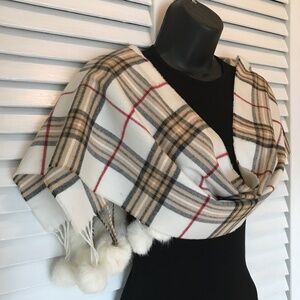 White Plaid Scarf- Real Fur Pom Poms! EUC 3/$19